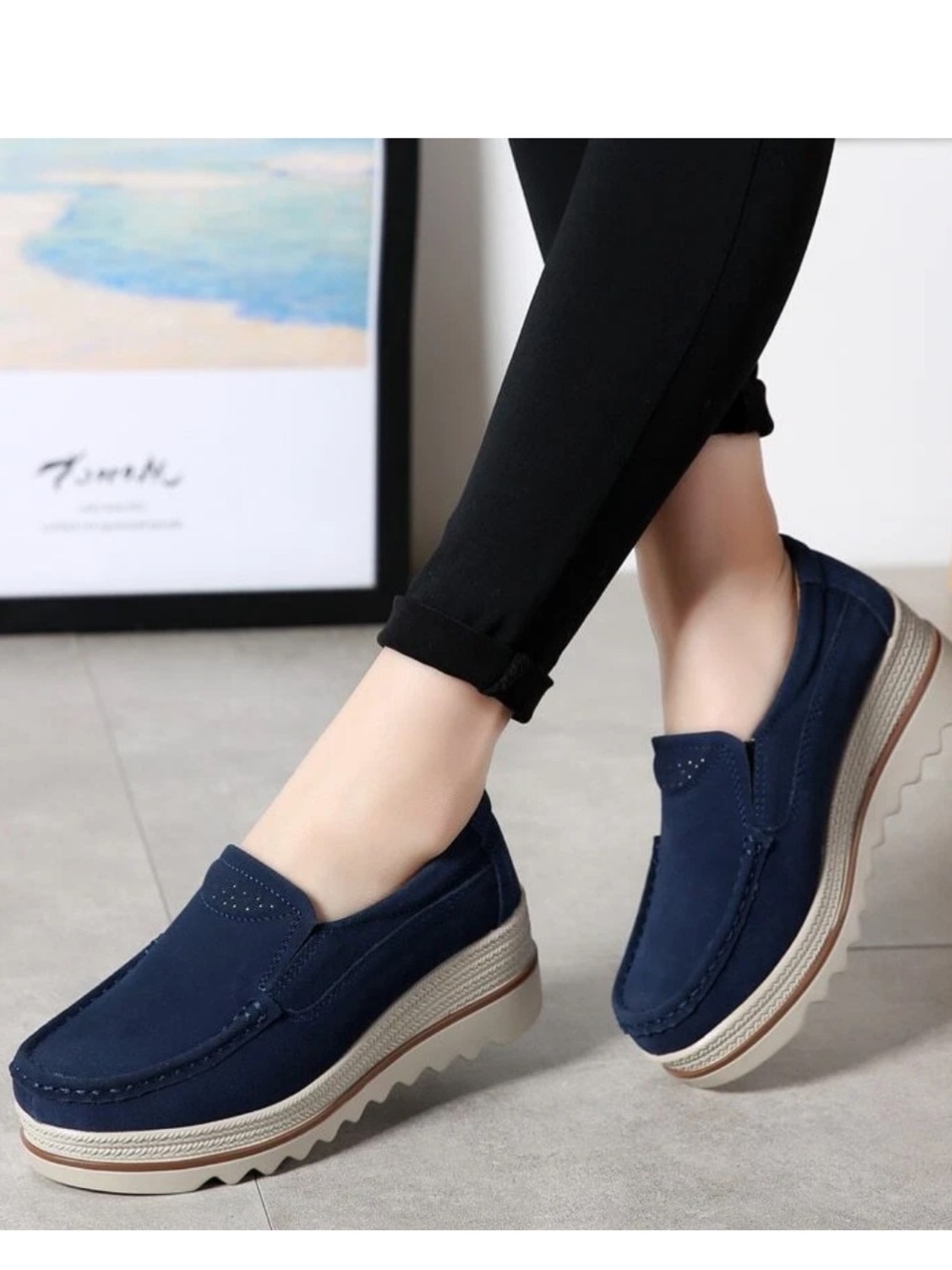 Navy Slip-On Lu Sole Platform Loafers - Women's Casual Comfort - Picture 4 of 6